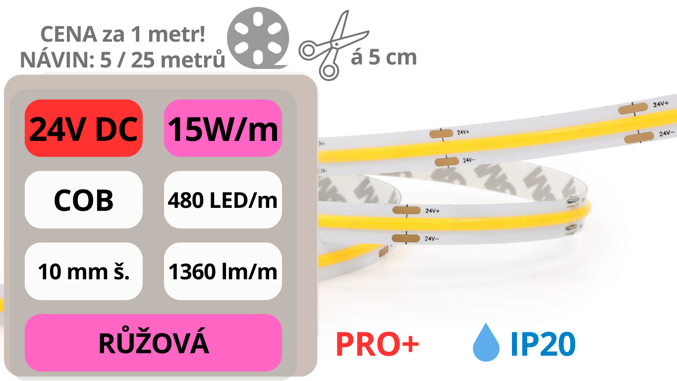 LED pásek COB 24V / 480LED / 15W / RŮŽOVÁ / IP20 / 10mm / PRO+